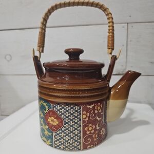 Vintage Japanese Ceramic Teapot Wicker Rattan Handle Brown Floral Pattern Asian